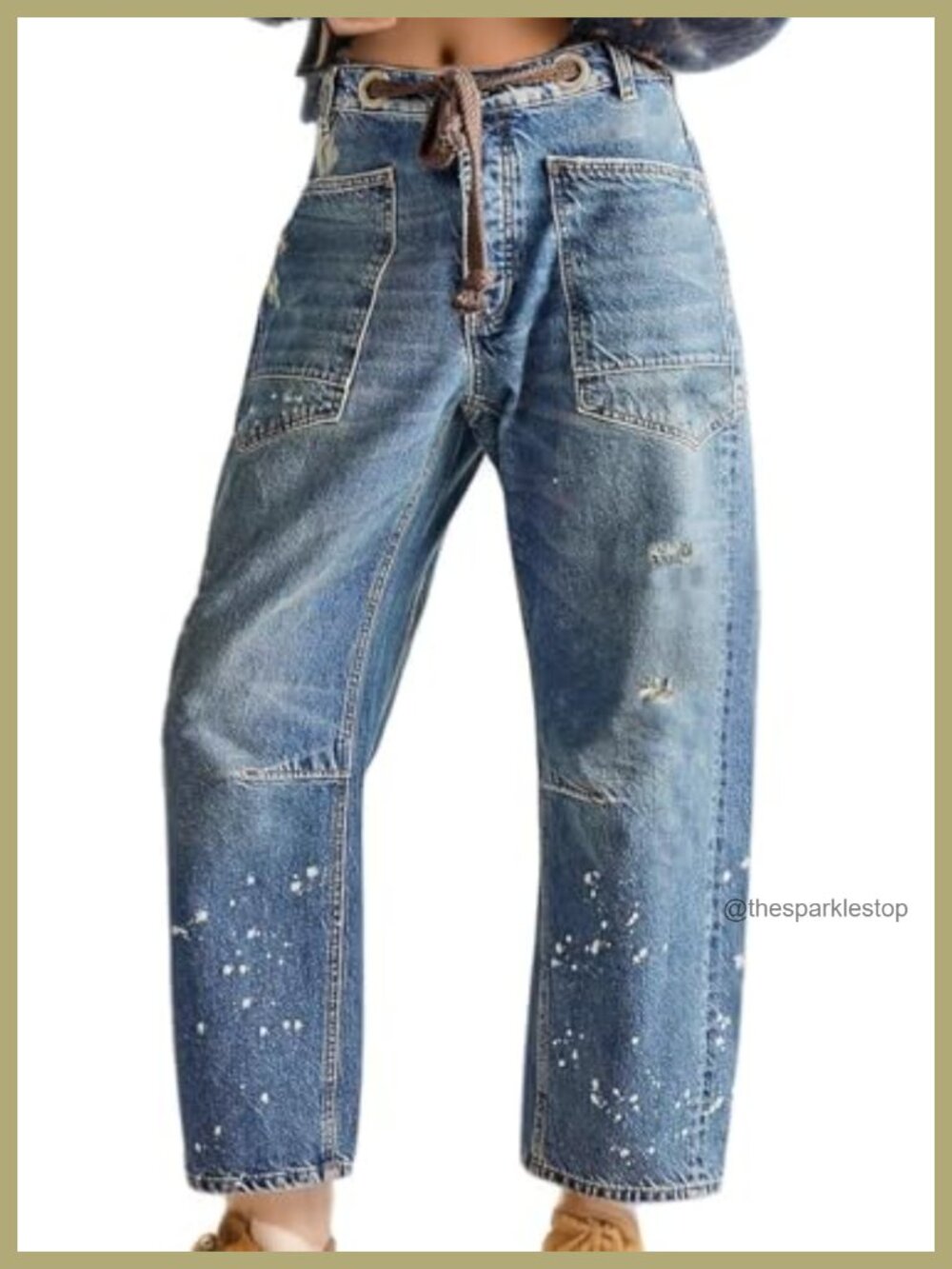 Women's Barrel Jeans Mid-Low Rise Drawstring Baggy Wide Leg Distressed Denim